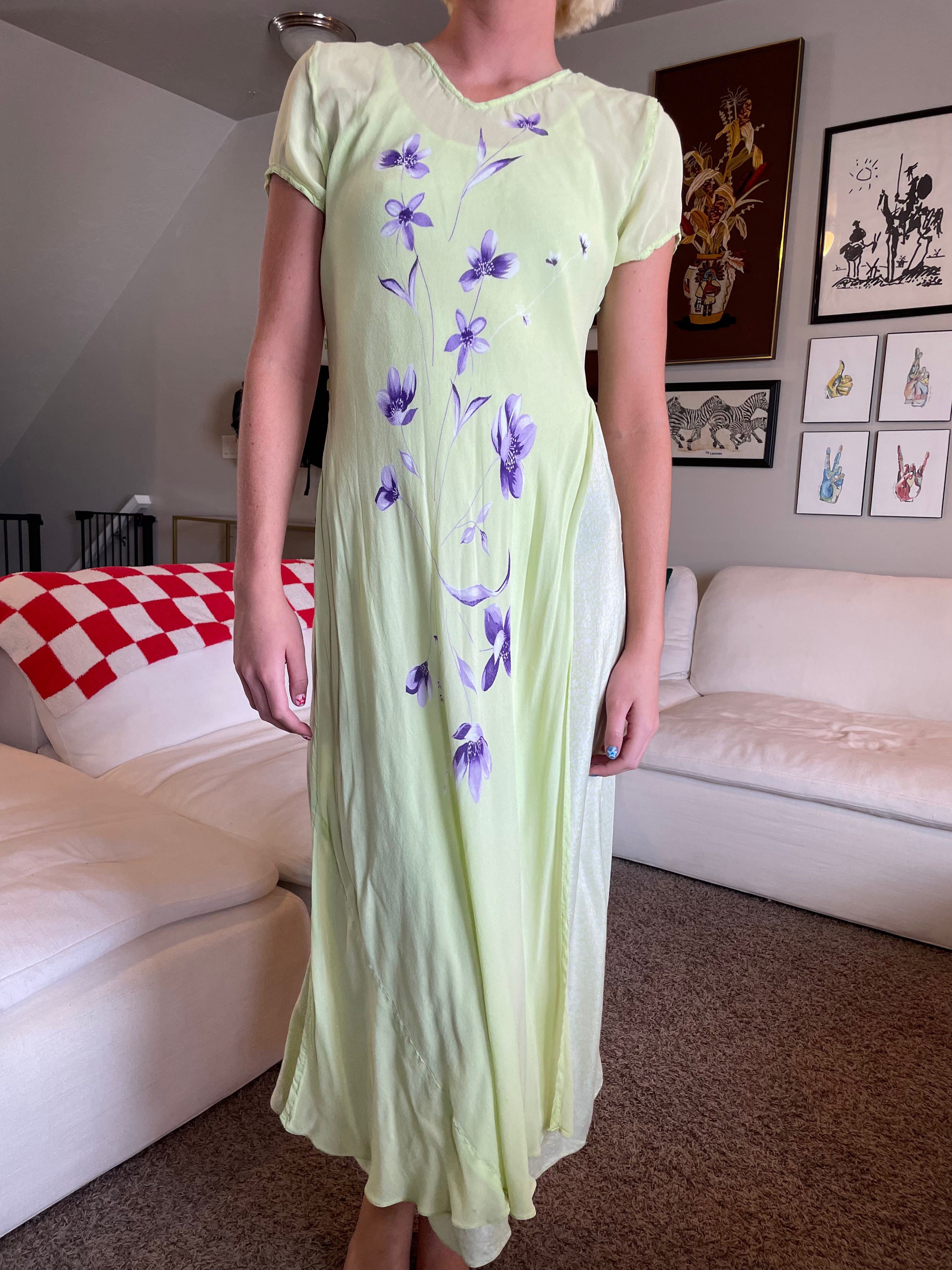 90s Green Floral Maxi Dress S