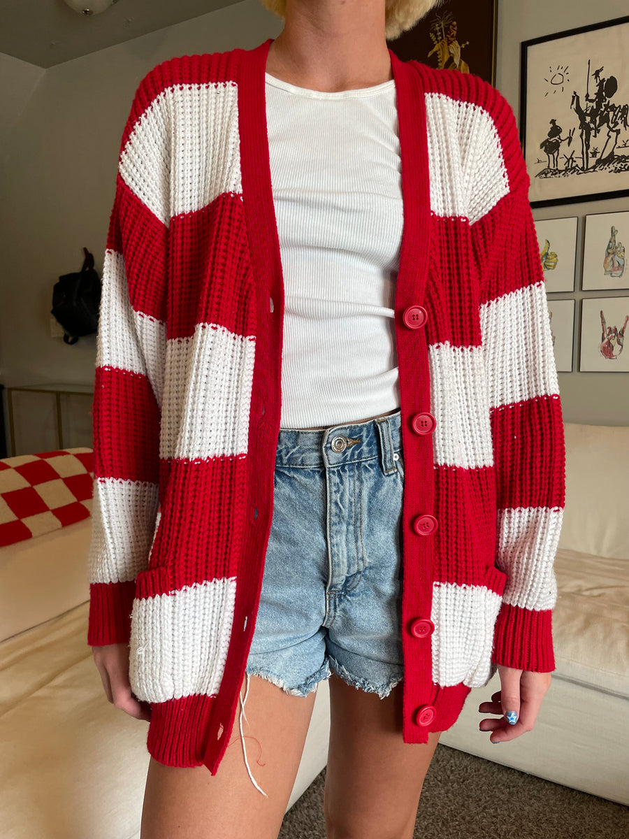 Red and White Striped Korean Knit Sweater - XL